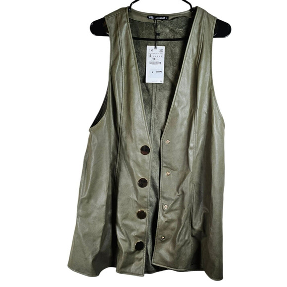Zara Vest Womens Size Small Army Green Faux Leather Pinafore Skirt Dress Tunic - Picture 3 of 10